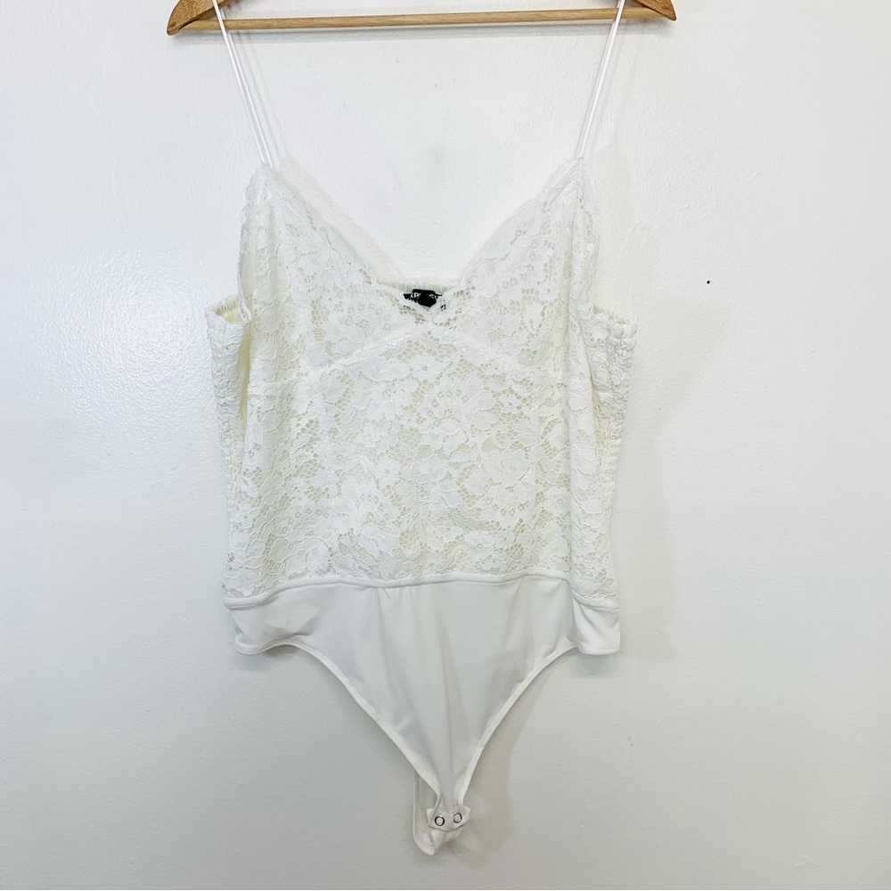 Express Babydoll Bodysuit XL White Lace‎ Smocked Strappy Fairy Boho Classic Sexy